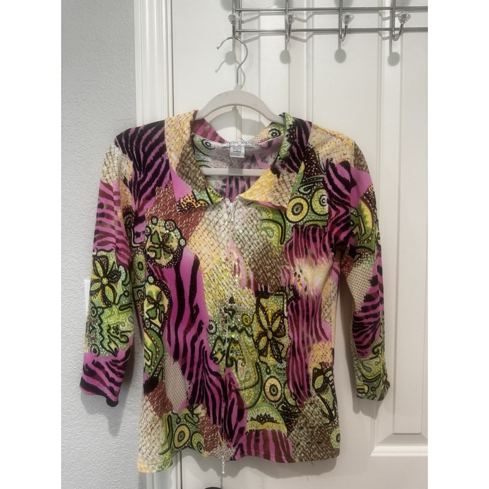 Alberto Makali Abstract Sweater Cardigan Top Zip Large Whimsy Stretch Art Floral